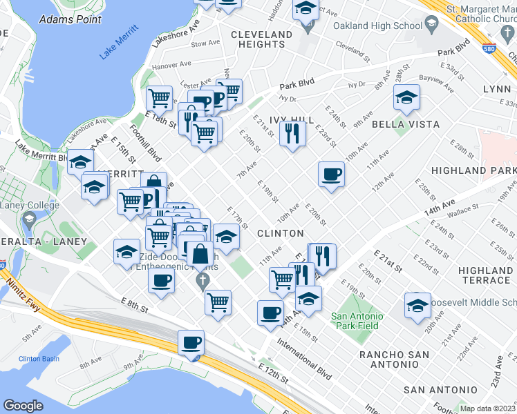 map of restaurants, bars, coffee shops, grocery stores, and more near in Oakland
