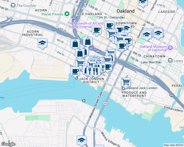 map of restaurants, bars, coffee shops, grocery stores, and more near 101 Broadway in Oakland
