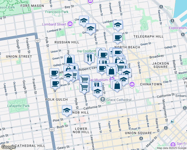 map of restaurants, bars, coffee shops, grocery stores, and more near 1535 Jones Street in San Francisco