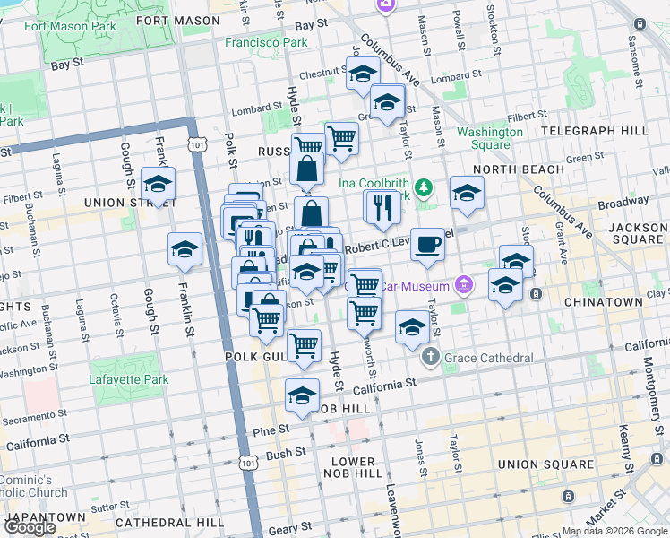 map of restaurants, bars, coffee shops, grocery stores, and more near 1387 Pacific Avenue in San Francisco