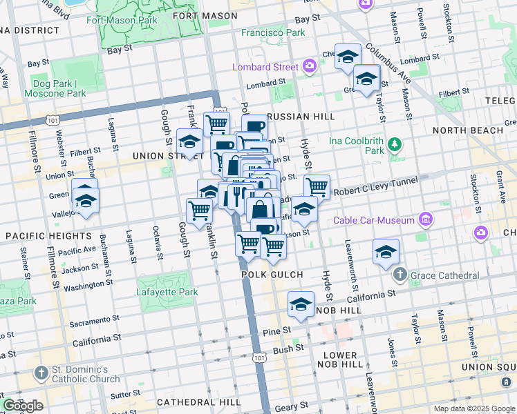 map of restaurants, bars, coffee shops, grocery stores, and more near 1601 Pacific Avenue in San Francisco