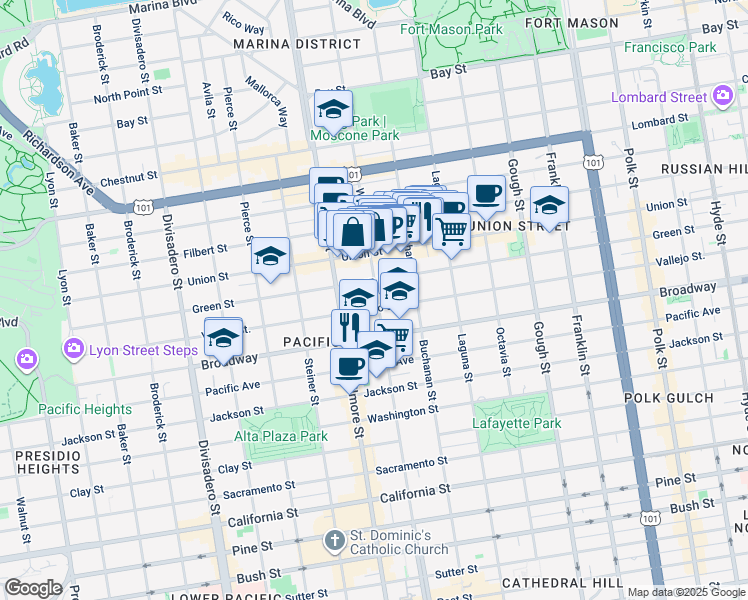 map of restaurants, bars, coffee shops, grocery stores, and more near 2137 Vallejo Street in San Francisco