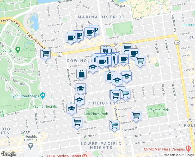 map of restaurants, bars, coffee shops, grocery stores, and more near 2327 Green Street in San Francisco