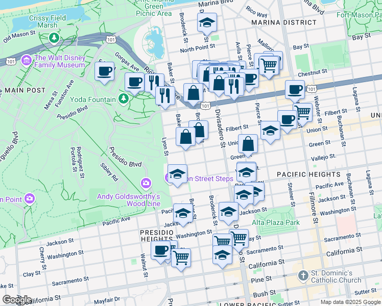 map of restaurants, bars, coffee shops, grocery stores, and more near 2771 Union Street in San Francisco