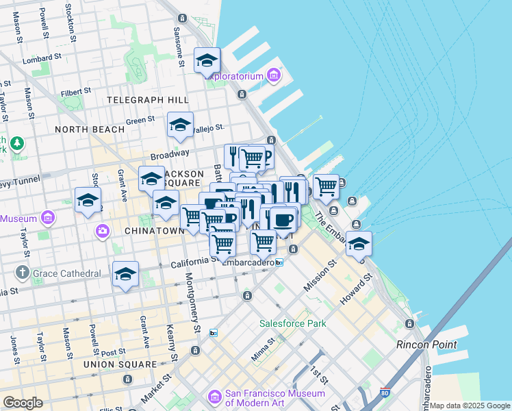 map of restaurants, bars, coffee shops, grocery stores, and more near 250 Clay Street in San Francisco