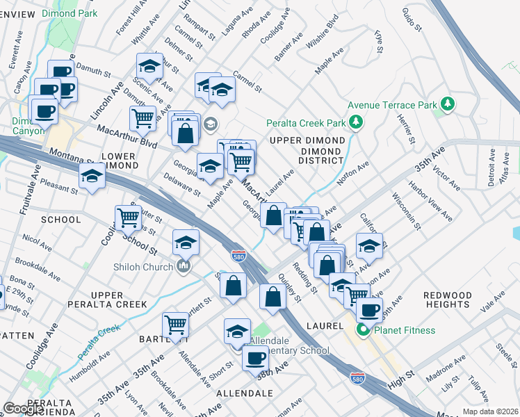 map of restaurants, bars, coffee shops, grocery stores, and more near in Oakland