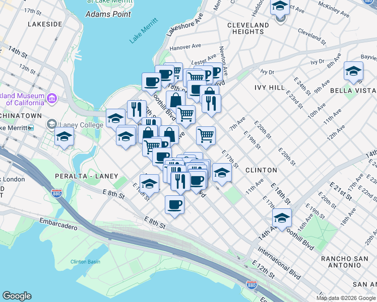 map of restaurants, bars, coffee shops, grocery stores, and more near 616 East 15th Street in Oakland