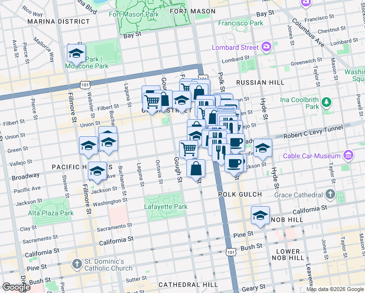 map of restaurants, bars, coffee shops, grocery stores, and more near in San Francisco