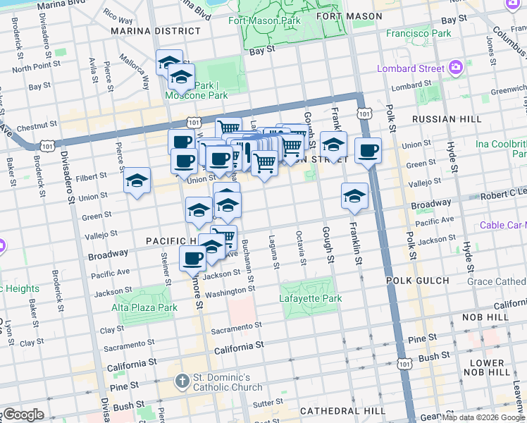 map of restaurants, bars, coffee shops, grocery stores, and more near 2620 Laguna Street in San Francisco