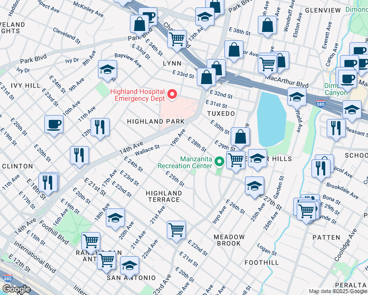 map of restaurants, bars, coffee shops, grocery stores, and more near 1936 East 27th Street in Oakland