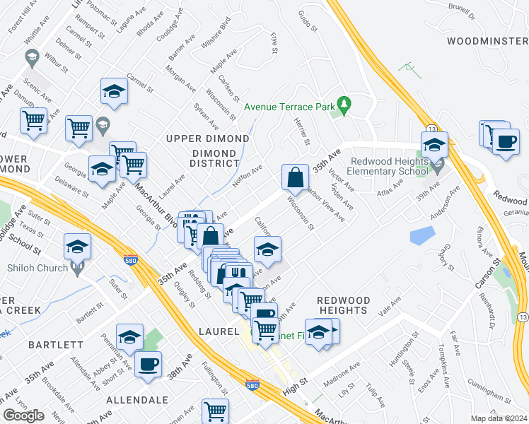 map of restaurants, bars, coffee shops, grocery stores, and more near 3872 35th Avenue in Oakland
