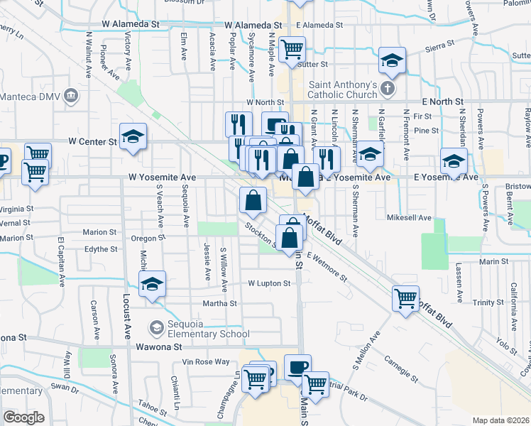 map of restaurants, bars, coffee shops, grocery stores, and more near 211 Oak Street in Manteca