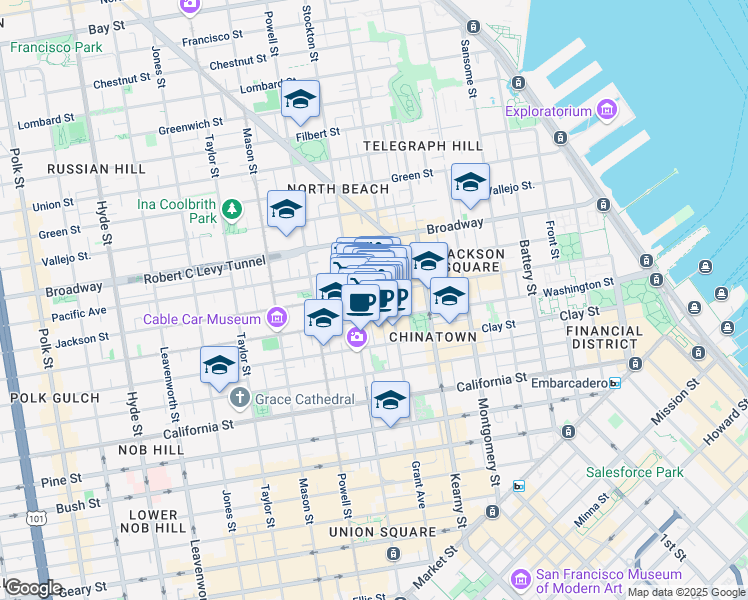 map of restaurants, bars, coffee shops, grocery stores, and more near 56 Ross Alley in San Francisco