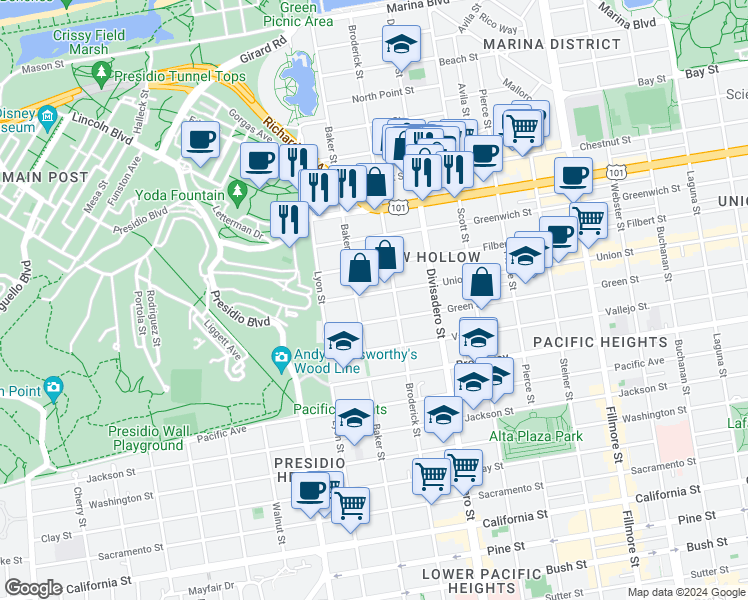 map of restaurants, bars, coffee shops, grocery stores, and more near 2759 Union Street in San Francisco