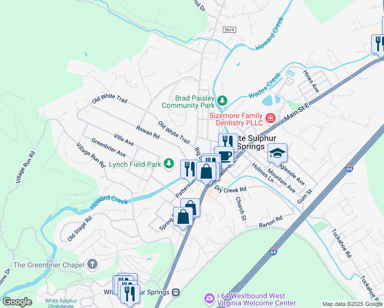 map of restaurants, bars, coffee shops, grocery stores, and more near 120 Rowan Rd in White Sulphur Springs