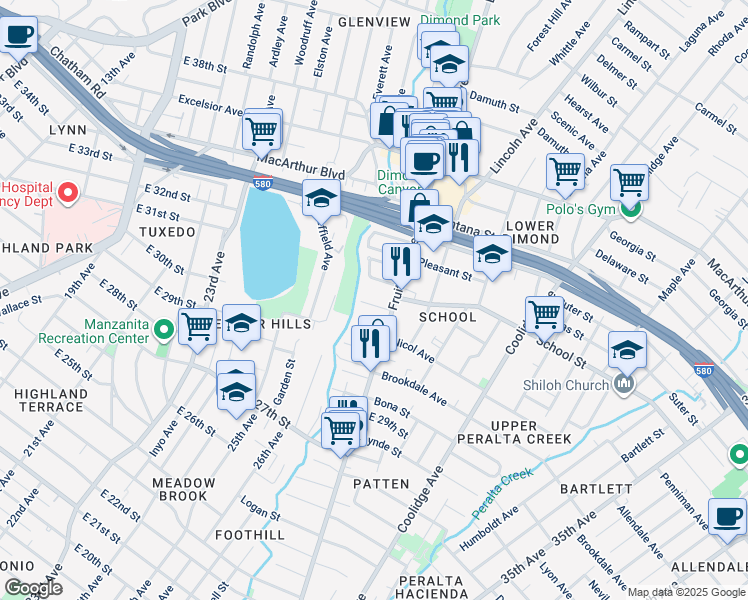 map of restaurants, bars, coffee shops, grocery stores, and more near 2628 School Street in Oakland