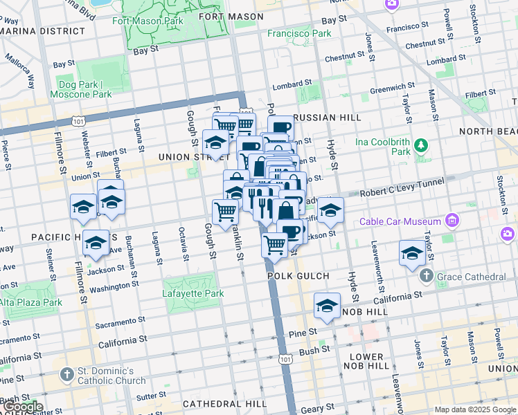 map of restaurants, bars, coffee shops, grocery stores, and more near Van Ness Ave & Broadway in San Francisco
