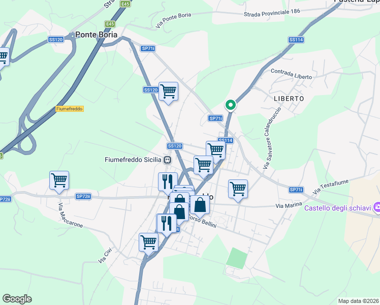 map of restaurants, bars, coffee shops, grocery stores, and more near 56 Via Regina Margherita in Fiumefreddo Sicilia