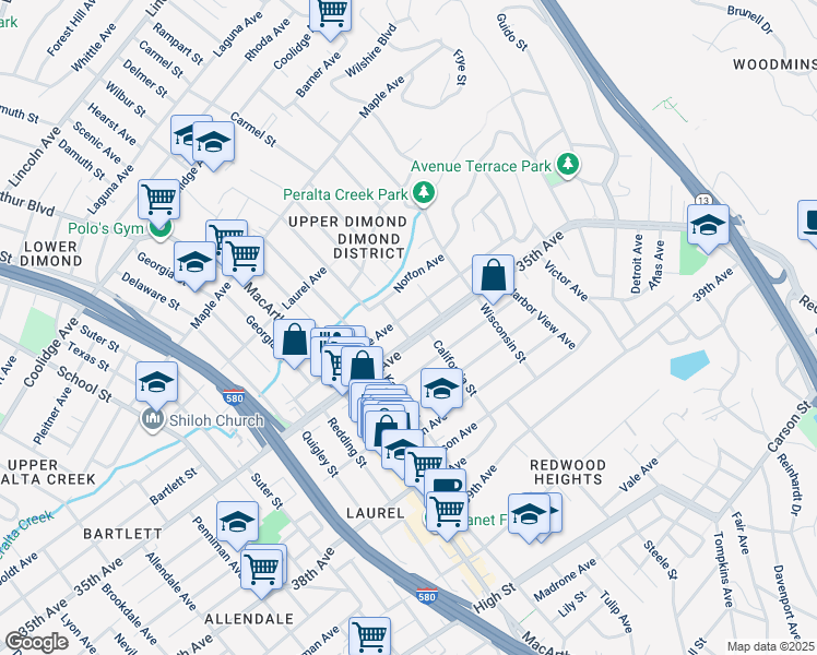 map of restaurants, bars, coffee shops, grocery stores, and more near 3810 Midvale Avenue in Oakland