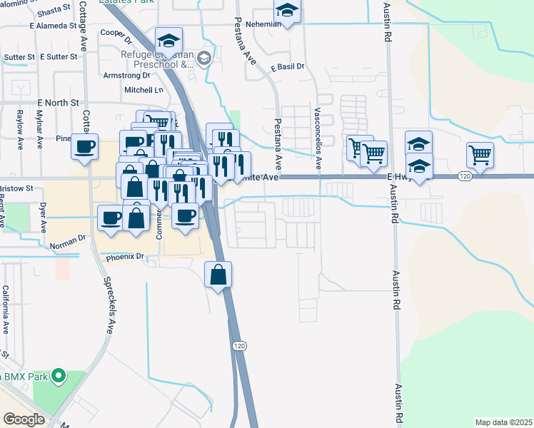 map of restaurants, bars, coffee shops, grocery stores, and more near 1830 East Yosemite Avenue in Manteca