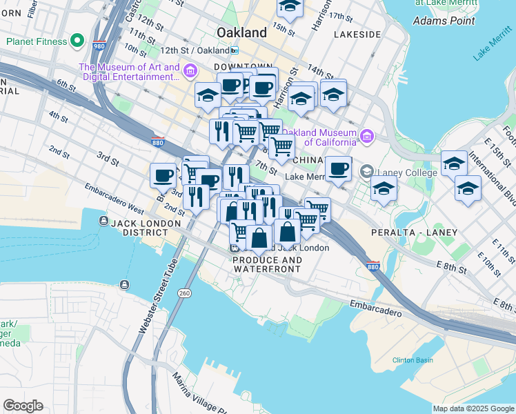map of restaurants, bars, coffee shops, grocery stores, and more near in Oakland