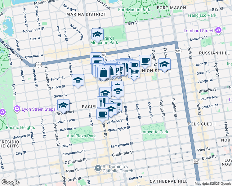 map of restaurants, bars, coffee shops, grocery stores, and more near 2137 Vallejo Street in San Francisco
