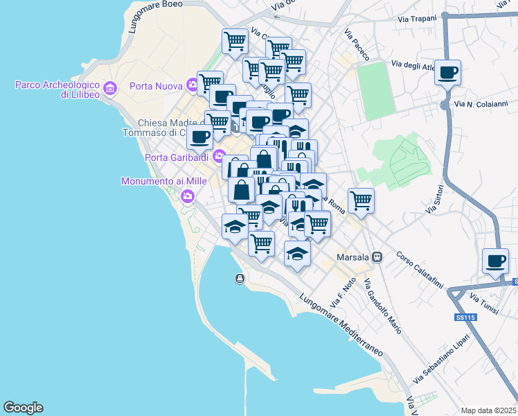 map of restaurants, bars, coffee shops, grocery stores, and more near 38 Via G. Mazzini in Marsala