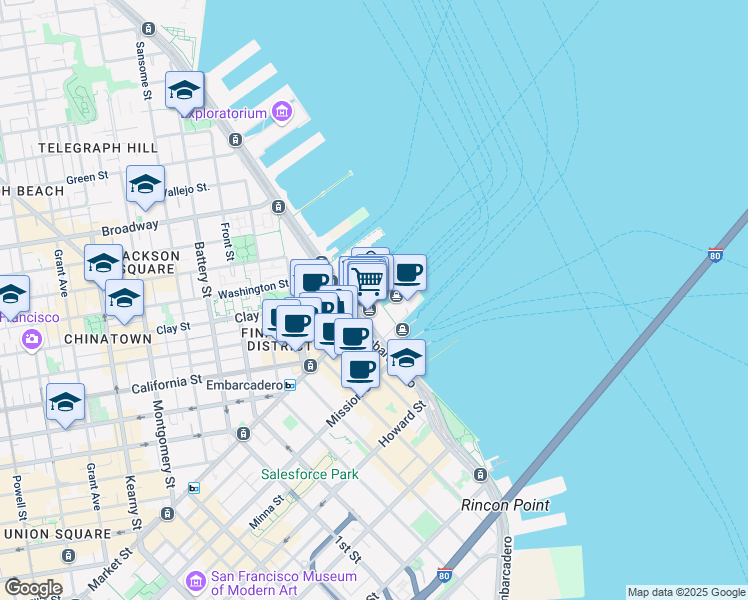 map of restaurants, bars, coffee shops, grocery stores, and more near 1 Sausalito - San Francisco Ferry Building in San Francisco