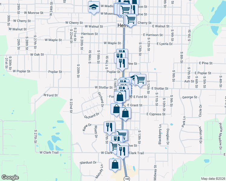 map of restaurants, bars, coffee shops, grocery stores, and more near 805 South 16th Street in Herrin