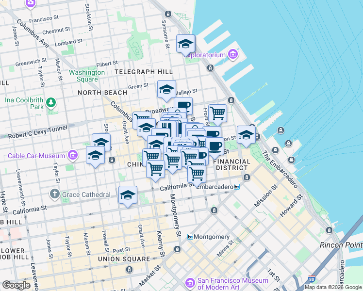 map of restaurants, bars, coffee shops, grocery stores, and more near 500 Washington Street in San Francisco