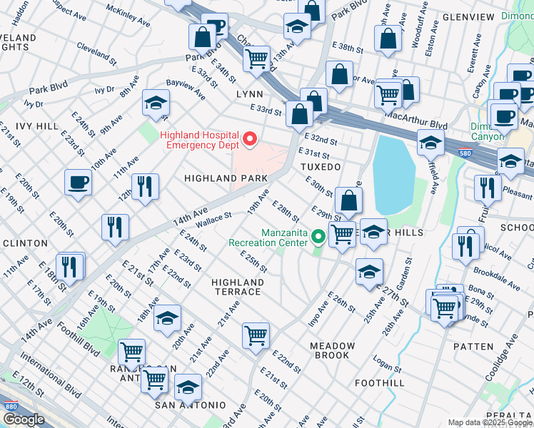 map of restaurants, bars, coffee shops, grocery stores, and more near 2004 East 27th Street in Oakland