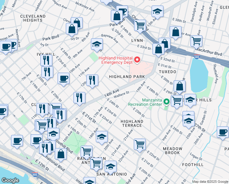 map of restaurants, bars, coffee shops, grocery stores, and more near 1408 East 25th Street Way in Oakland