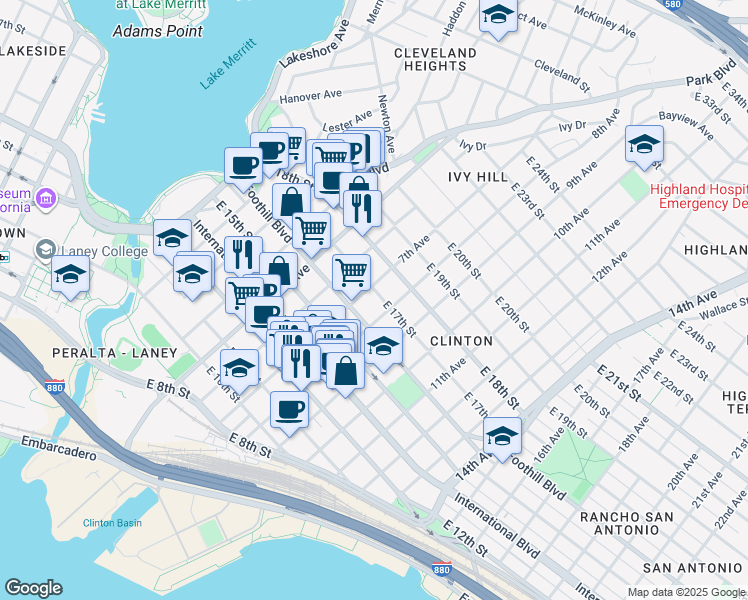 map of restaurants, bars, coffee shops, grocery stores, and more near in Oakland