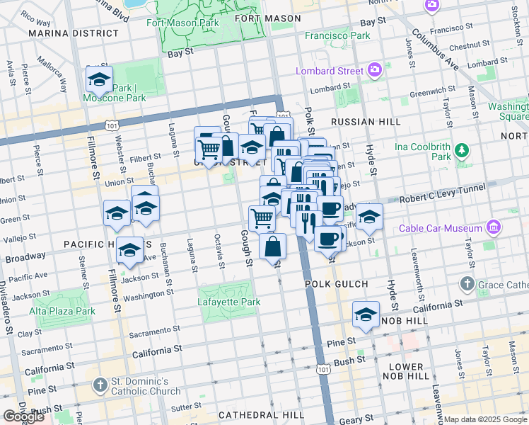 map of restaurants, bars, coffee shops, grocery stores, and more near 1730 Broadway in San Francisco