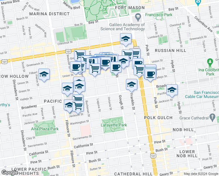 map of restaurants, bars, coffee shops, grocery stores, and more near 2511 Octavia Street in San Francisco