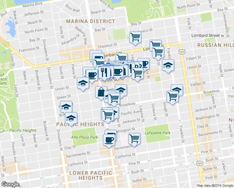 map of restaurants, bars, coffee shops, grocery stores, and more near 2137 Vallejo Street in San Francisco