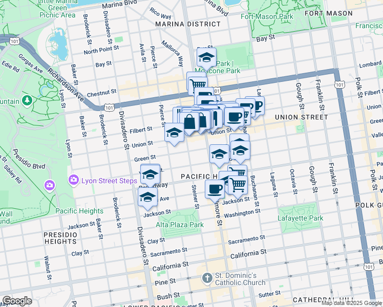 map of restaurants, bars, coffee shops, grocery stores, and more near in San Francisco