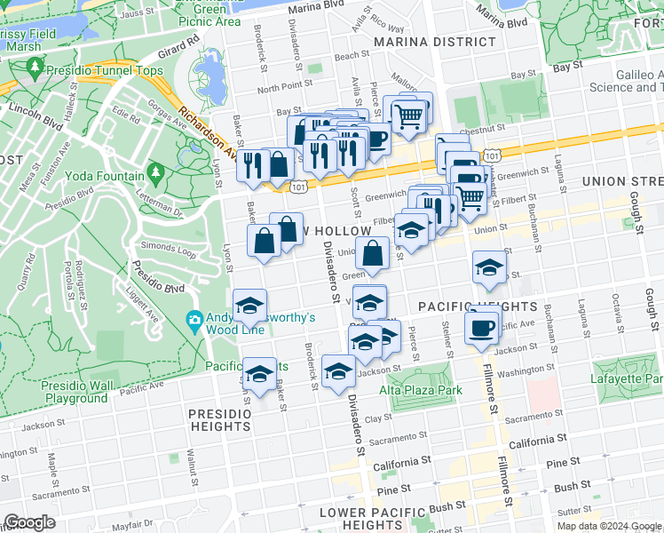 map of restaurants, bars, coffee shops, grocery stores, and more near 2600 Green Street in San Francisco