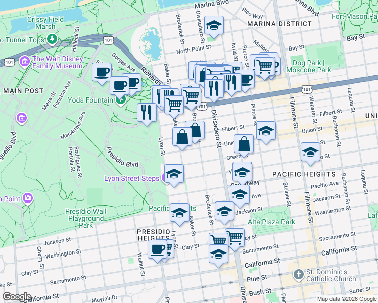 map of restaurants, bars, coffee shops, grocery stores, and more near 2640 Baker Street in San Francisco