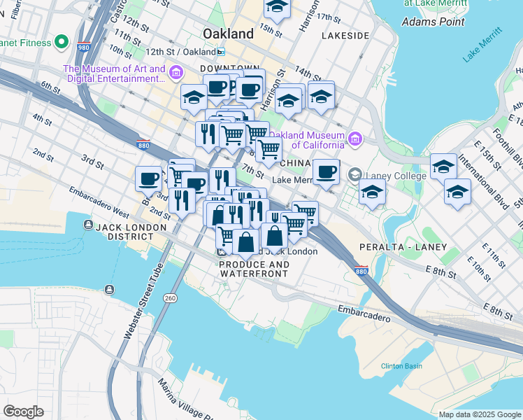 map of restaurants, bars, coffee shops, grocery stores, and more near 5th Street & Jackson Street in Oakland