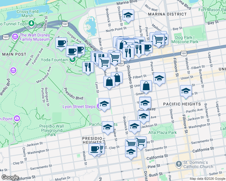 map of restaurants, bars, coffee shops, grocery stores, and more near 2640 Baker Street in San Francisco