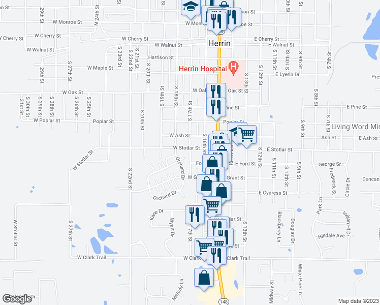 map of restaurants, bars, coffee shops, grocery stores, and more near 801 South 17th Street in Herrin