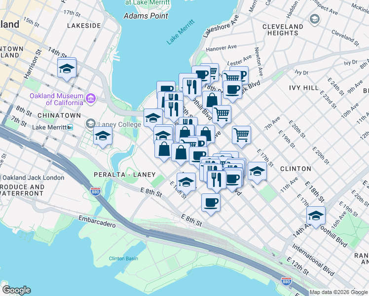 map of restaurants, bars, coffee shops, grocery stores, and more near 400 East 12th Street in Oakland