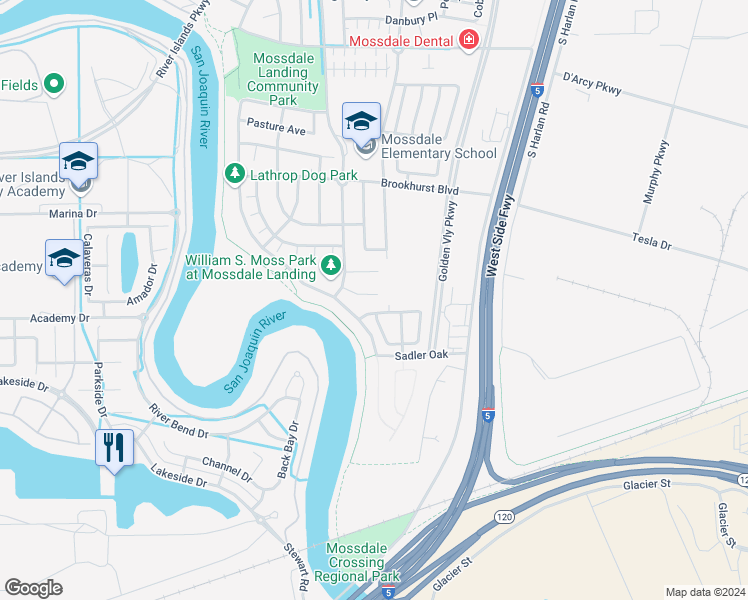 map of restaurants, bars, coffee shops, grocery stores, and more near 336 Wild Oak Drive in Lathrop