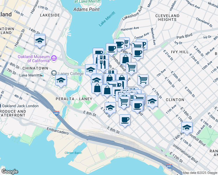 map of restaurants, bars, coffee shops, grocery stores, and more near 1223 5th Avenue in Oakland