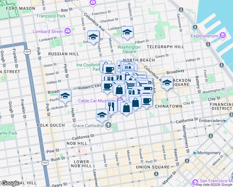 map of restaurants, bars, coffee shops, grocery stores, and more near 1351 Mason Street in San Francisco