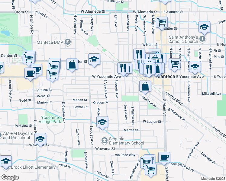 map of restaurants, bars, coffee shops, grocery stores, and more near 618 Virginia Street in Manteca