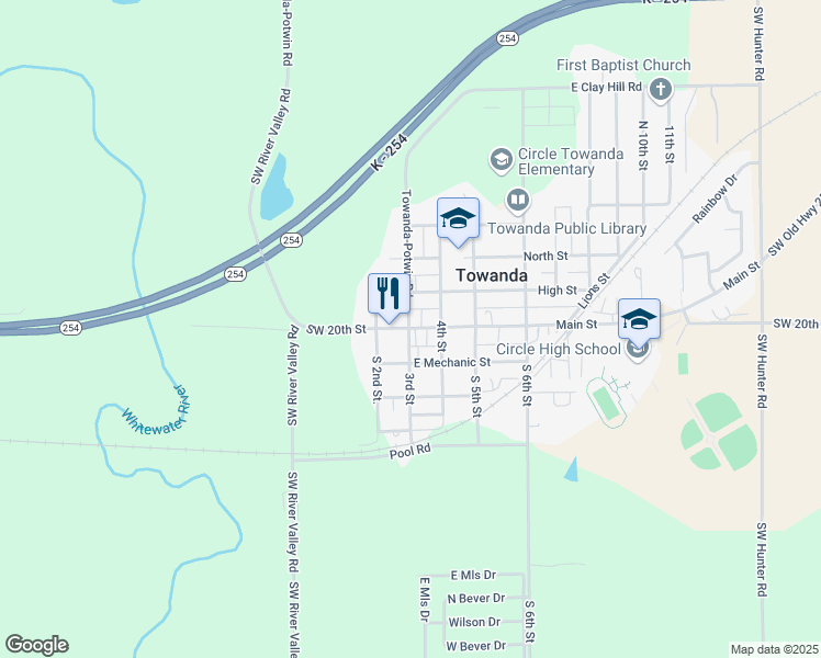 map of restaurants, bars, coffee shops, grocery stores, and more near 401 Main Street in Towanda