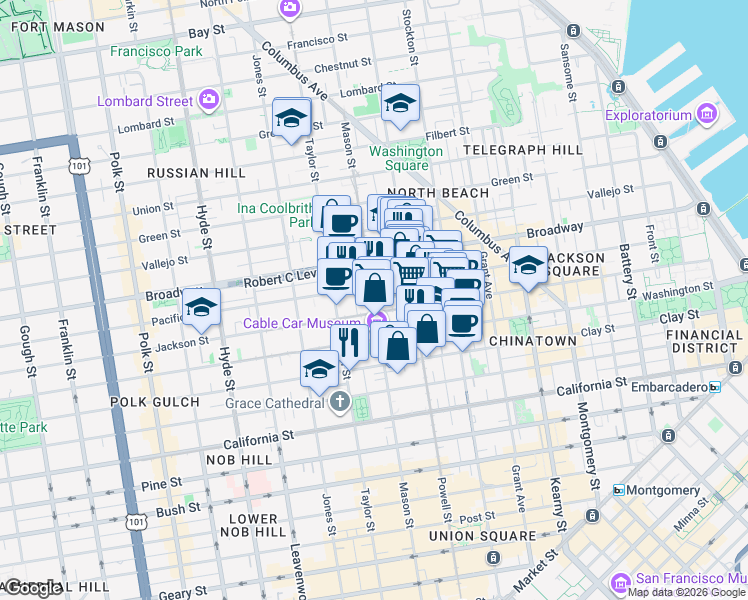 map of restaurants, bars, coffee shops, grocery stores, and more near Mason Street in San Francisco