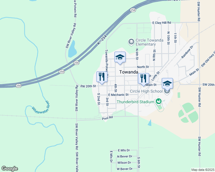 map of restaurants, bars, coffee shops, grocery stores, and more near 401 Main Street in Towanda